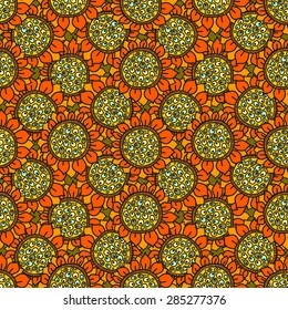 Seamless floral pattern, a field of bright, cheerful, sunny sunflowers.