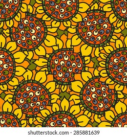 Seamless floral pattern, a field of bright, cheerful, sunny sunflowers.