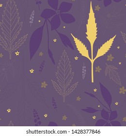 Seamless floral pattern of field plants of the North-West Caucasus bidens, V. major on a purple background. Floral background. Linear graphic background of foliage.