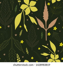 Seamless floral pattern of field plants of the North-Western Caucasus bidens, V. major on a dark green background. Floral background. Linear background of foliage. Background of small yellow flowers.