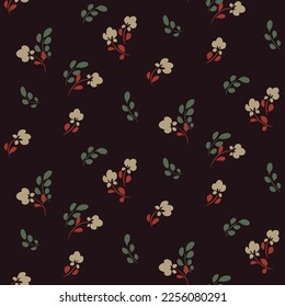 Seamless floral pattern with fine hand drawn botany in folk style. Cute ditsy print, vintage botanical design with tiny flowers, leaves on brown background. Flower design in autumn colors. Vector.