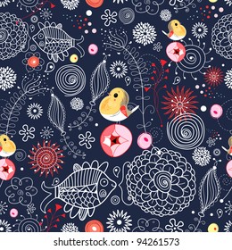 Seamless floral pattern with fish and birds