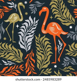 Seamless floral pattern with flamingo, leaves, flowers and branches, elegance beautiful botanical pattern	
