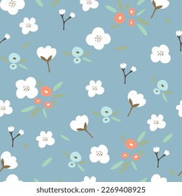 Seamless floral pattern. Flat botanical ornament with minimalistic elements in a soft palette. Simple repeating texture vector. A modern example.