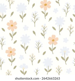 A seamless floral pattern in flat, minimalist style featuring soft pastel petals and clean lines for elegant design use.