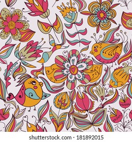 Seamless floral pattern with flower and bird. Endless floral pattern. Can be used for wallpaper, pattern, backdrop, surface textures. Full color seamless floral background