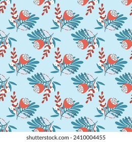 Seamless floral pattern with flower bouquets. Beautiful Summer blossom background. Naive art plants. Perfect for fabric design, wallpaper, wrapping paper. Hand drawn vector illustration.