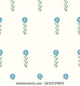 Seamless floral pattern with flower bouquets on a soft beige background. Hand-drawn simple blossoms with green leaves in a cute and minimal style.