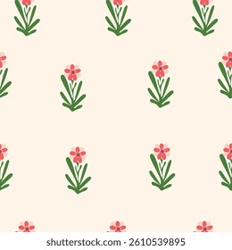 Seamless floral pattern with flower bouquets on a soft beige background. Hand-drawn simple blossoms with green leaves in a cute and minimal style.