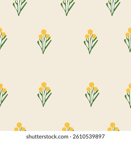 Seamless floral pattern with flower bouquets on a soft beige background. Hand-drawn simple blossoms with green leaves in a cute and minimal style.
