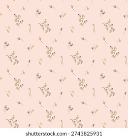 Seamless floral pattern, flower pattern, ditsy floral fabric print on peach background, timeless floral, small flower. Surface design for home textile, wallpaper, fabric, fashion. Vector