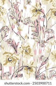 Seamless floral pattern - flower elements and leaves. Abstract romantic flowers; for fabric, fashion, wallpapers, postcards, greeting cards. Elegant textile pattern design,geomatric