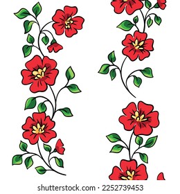 Seamless floral pattern, flower ornament: contour drawing with plants with folk motif. Hand drawn blooming branches with large red flowers, small leaves on a white background. Vector illustration.
