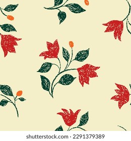 Seamless floral pattern, flower ornament with folk motif. Simple botanical design for fabric, paper with textured plants: small flowers on branches, leaves on a white background. Vector illustration.
