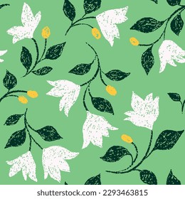 Seamless floral pattern, flower ornament with folk motif. Botanical design for fabric, paper: texture plants, small white flowers on branches, leaves on a green background. Vector illustration.