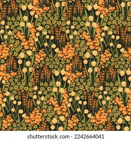Seamless floral pattern, flower print with meadow in natural colors. Nice ditsy design with a field of wild plants: small hand drawn flowers, leaves, herbs on a green background. Vector illustration.