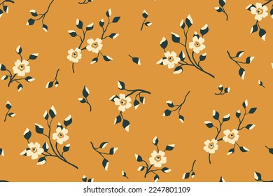 Seamless floral pattern, flower print with country motif. Cute botanical design with hand drawn branches, small flowers, leaves in an abstract arrangement on a yellow background. Vector illustration.