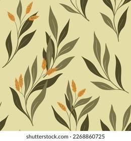 Patrón floral sin foco, flor con ramas de estilo vintage. Diseño botánico con plantas silvestres dibujadas a mano: pequeños borlos de flores, hojas, ramas sobre un fondo beige. Ilustración vectorial.