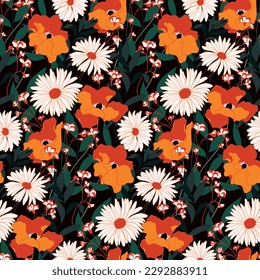 Seamless floral pattern, flower print with ornate garden in retro style. Botanical design for fabric, paper: large hand drawn plants, wild flowers, leaves on a dark background. Vector illustration.