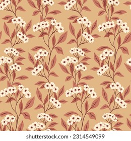 Seamless floral pattern, flower print with hand drawn blooming branches. Vintage botanical design for fabric, paper: small flowers, branches, large leaves on a light background. Vector illustration.