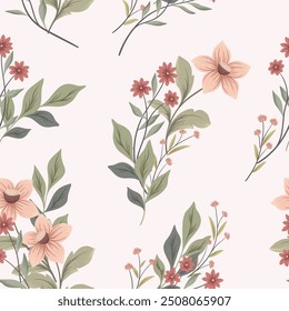 Seamless floral pattern, flower print, abstract nature ornament of delicate wild plants. Beautiful botanical design: large hand drawn flowers, leaves, bouquets on white field. Vector illustration.