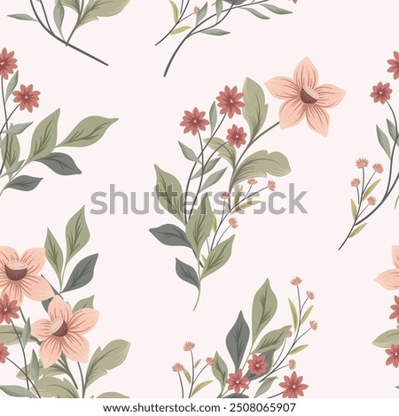 Seamless floral pattern, flower print, abstract nature ornament of delicate wild plants. Beautiful botanical design: large hand drawn flowers, leaves, bouquets on white field. Vector illustration.