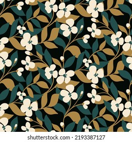 Seamless floral pattern with flowering branches on a dark background. Elegant botanical print with small flowers, large leaves on the branches. Surface design with hand drawn wild plants. Vector.