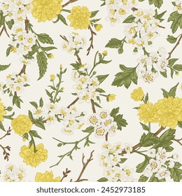 Seamless floral pattern. Flowering branches of garden trees. Vector botanical background. Full bloom. Colorful