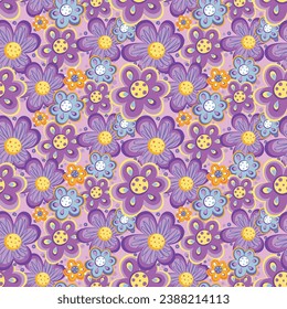 Patrón floral sin foco con flores. Impresión floral estilo años 70 para ropa de chica, textiles para niños, papel de envoltura. Ornamento de caricatura de Blossom.