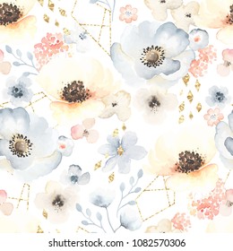 Seamless floral pattern with flowers Anemone in vintage watercolor style and decor of golden texture. Vector illustration on white background.