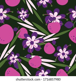Seamless floral pattern flowers, apples and leaves repeat endless colorful background cover texture for textile, clothing, linens, carpets, curtains, wrapping paper, wallpapers, fashion fabric prints