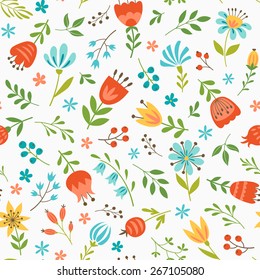Seamless floral pattern with flowers and berries  on white background.