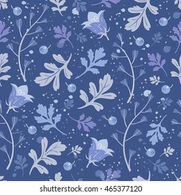 Seamless floral pattern with flowers and berries in blue.