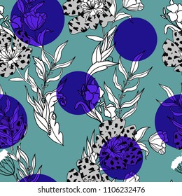 Seamless floral pattern with flowers bouquets in graphic style with blue circles.