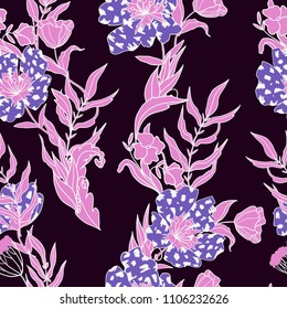 Seamless floral pattern with flowers bouquets in marsala color. 