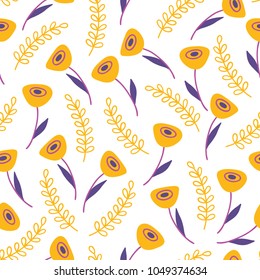 Seamless floral pattern with flowers, branches and leaves on white background. Perfect for summer greeting cards and wedding invitation