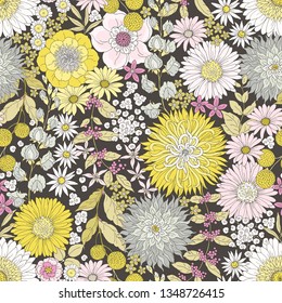 Seamless floral pattern with flowers and branches pastel yellow and pink colors. Vector illustration in vintage style on dark background.