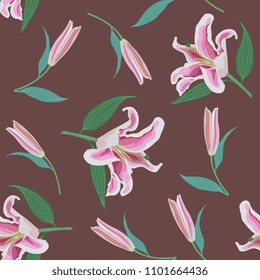 Seamless floral pattern with flowers and buds of pink lily. Cartoon style.
