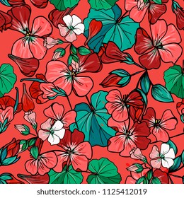 Seamless floral pattern with flowers and buds of red geranium on red  background. Perfect for summer greeting cards and wedding invitation