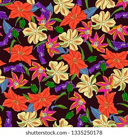 Seamless floral pattern with flowers and buds of clematis,spring flowers.  Perfect for summer greeting cards and wedding invitation, paper wrapper.Botanical sketch Vector hand drawn