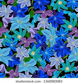Seamless floral pattern with flowers and buds of clematis,spring flowers.  Perfect for summer greeting cards and wedding invitation, paper wrapper.Botanical sketch Vector hand drawn
