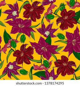 Seamless floral pattern with flowers and buds of clematis,spring flowers.  Perfect for summer greeting cards and wedding invitation, paper wrapper.Botanical sketch Vector hand drawn