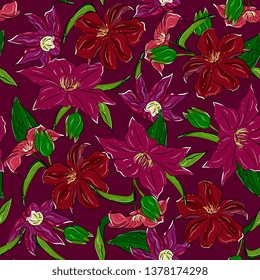 Seamless floral pattern with flowers and buds of clematis,spring flowers.  Perfect for summer greeting cards and wedding invitation, paper wrapper.Botanical sketch Vector hand drawn