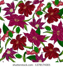 Seamless floral pattern with flowers and buds of clematis,spring flowers.  Perfect for summer greeting cards and wedding invitation, paper wrapper.Botanical sketch Vector hand drawn