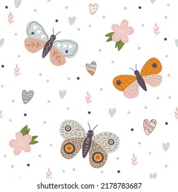 Seamless floral pattern with flowers and butterflies on a white background.