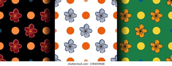 Seamless floral pattern, flowers and circles, vector, ornament, background, black, white, green, orange, yellow