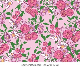 Seamless floral pattern. Flowers Daisy, Calendula, Forget-me-not, pink background, green leaves. Flat Vector Illustration for fabric, wrapping, wallpaper, decor, spring design.