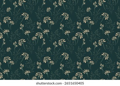 Seamless floral pattern with flowers and delicate stems on a dark green background. Perfect for textiles, gift wrap, wallpaper, plain print ornament, and other decorative projects.