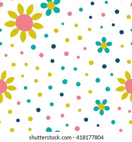 Seamless floral pattern with flowers and dots of fresh colors on a white background
