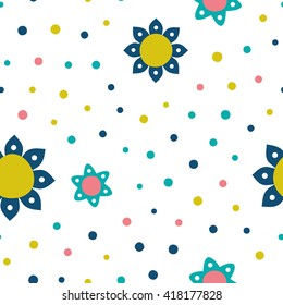 Seamless floral pattern with flowers and dots of fresh colors on a white background